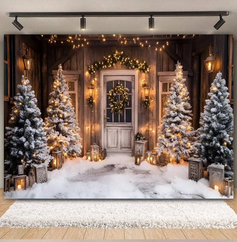 Premium Christmas Wall Art – Winter Cabin & Snowy Trees Holiday Background