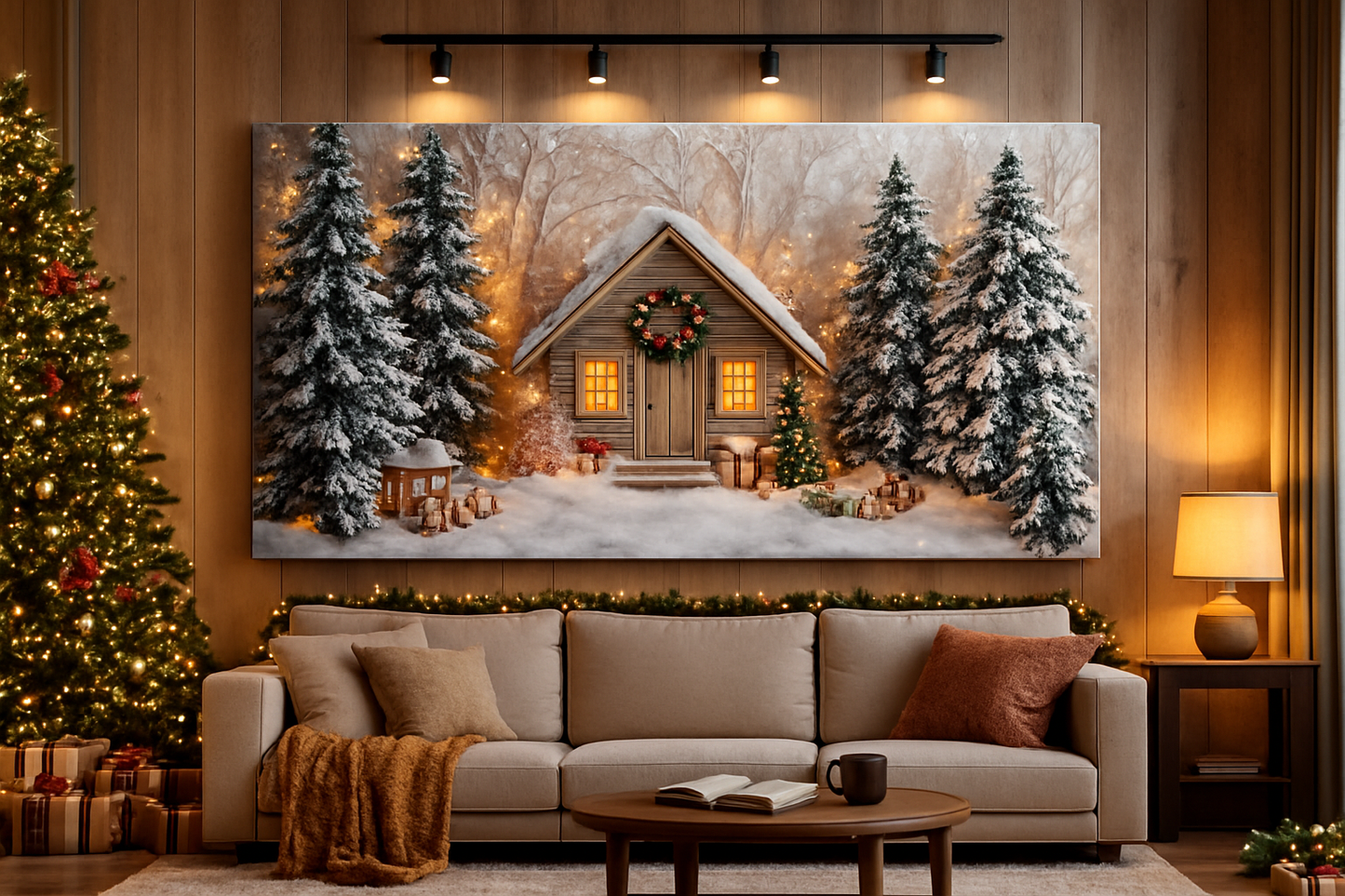 Premium Christmas Wall Art – Winter Cabin & Snowy Trees Holiday Background