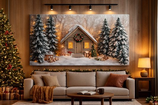 Premium Christmas Wall Art – Winter Cabin & Snowy Trees Holiday Background
