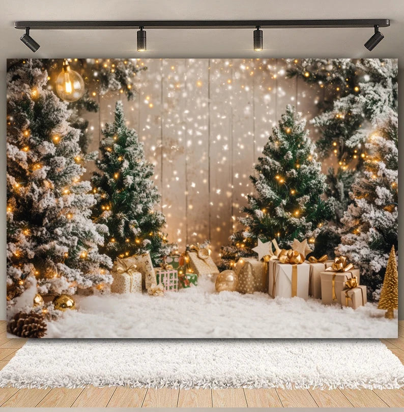 Premium Christmas Wall Art – Winter Cabin & Snowy Trees Holiday Background