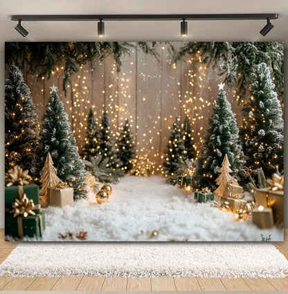 Premium Christmas Wall Art – Winter Cabin & Snowy Trees Holiday Background