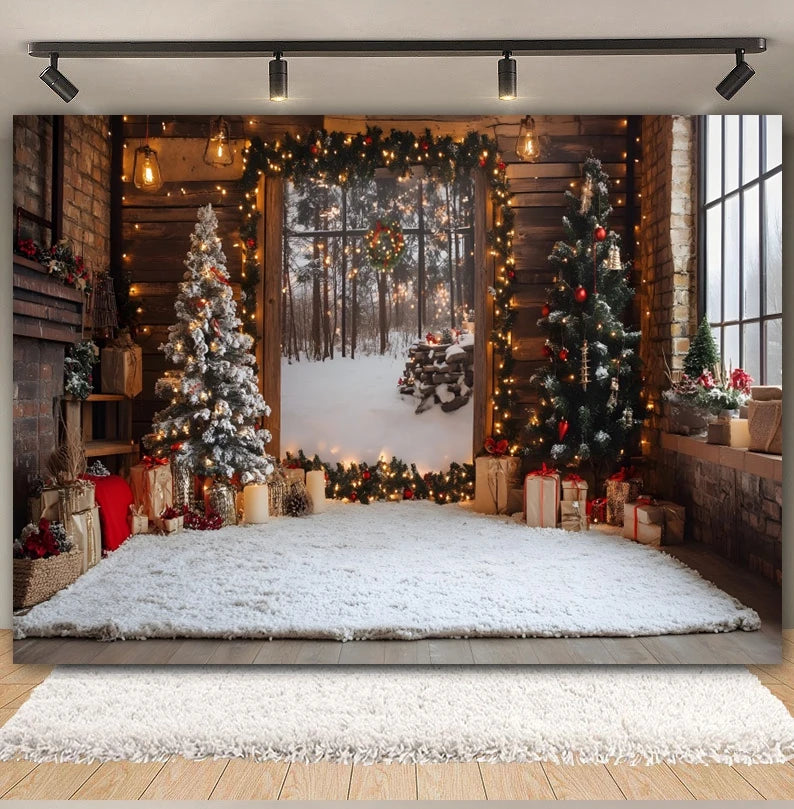 Premium Christmas Wall Art – Winter Cabin & Snowy Trees Holiday Background